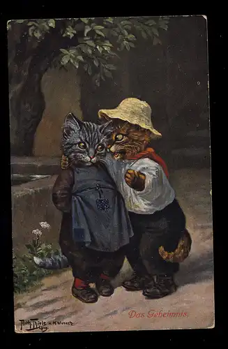 Tiere-AK Arthur Thiele: Das Geheimnis! Umarmende Katzen, Zensur KUFSTEIN 1915
