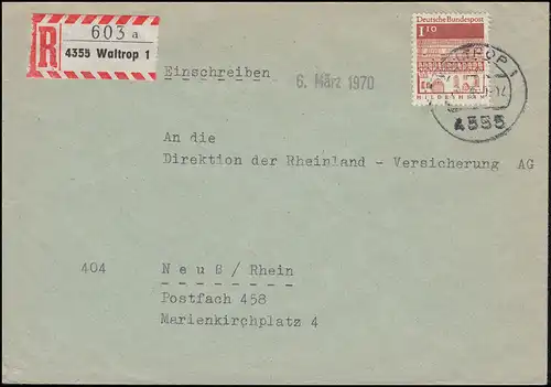 501 Bauwerke Hildesheim 1,10 DM als EF auf R-Brief WALTROP 5.3.1970 nach Neuss