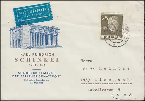 98 Karl Friedrich Schinkel als EF auf Luftpost-Brief MÜLHEIM (RUHR) 17.7.1953