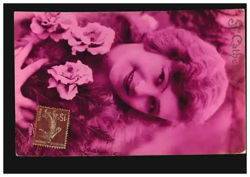 France Carte Visual Prénoms: Catherine, femme souriante avec des roses, couru