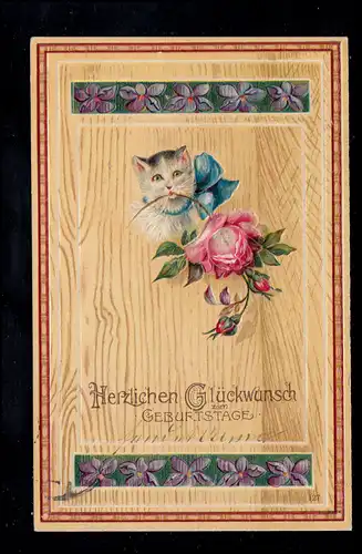 Tiere-AK Geburtstag: Katze mit Rosenweig, CHARLOTTENBURG 8.2.1908