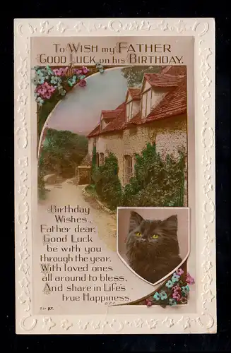 England Tiere-AK Geburtstag: Hausansicht mit Katze, beschriftet