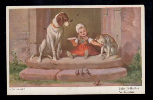 Tiere-AK Hendschel: Beim Frühstück - Mädchen füttert Hund Katz Vögel PLAUEN 1920