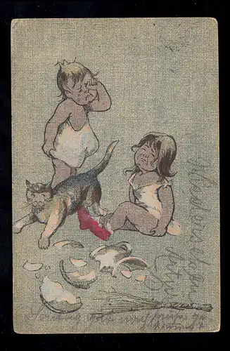 Tiere-AK Weinende Mädchen - Katze zerbrach Milchkrug, MÜNCHEN 33 - 30.5.1905