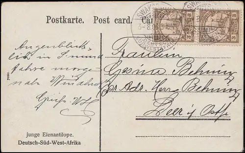 DSWA 24 Kaiseryacht 3 Pf senkrechtes Paar SWAKOPMUND 3.8.1906 auf AK Antilope