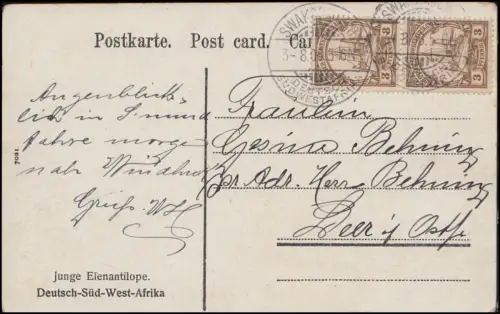 DSWA 24 Yacht impérial 3 Pf couple verticale SWAKOPMUND 3.8.1906 sur AK Antilope