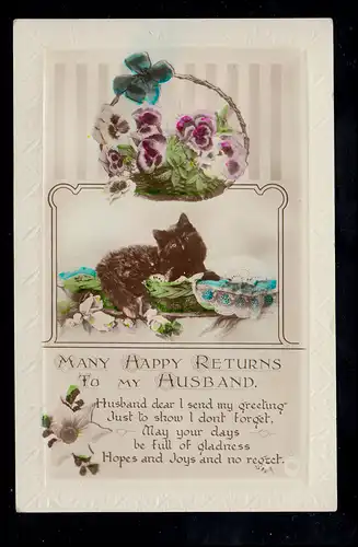 England Tiere-AK: Schwarze Katze in ihrem Korb mit Blumen, ungebraucht