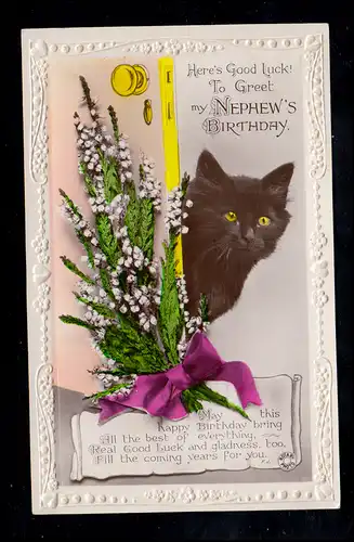 Angleterre animaux-AK anniversaire: chat noir avec des fleurs, marqué