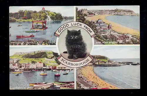 Angleterre AK Scarborough: Chat Noir et quatre paysages, 29.7.1953