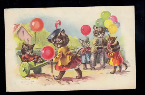 AK Vermenschlichte Tiere: Katzen auf der Kirmes mit Luftballons, beschriftet