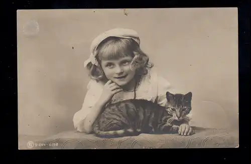 Tiere-AK Lächelndes Mädchen mit Kappe und Katze, DELLBRÜCK (BZ.CÖLN) 22.11.1908