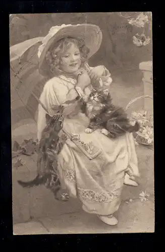 AK Fille avec parapluie et enfants de chat jouant, Maison-Blanche 11.7.1915