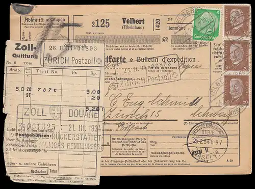 Paketkarte Hindenburg-Frankatur VELBERT 24.2.34 über Postzoll BASEL nach Zürich
