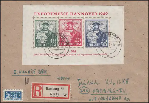 Bloc 1a Salon des exportations Hannover en tant que EF sur la lettre locale de plus de 20g HAMBURG 1949