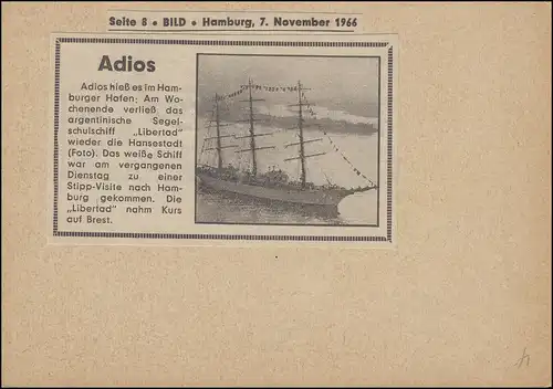 Schiffspost Segelschulschiff ARMADA ARGENTINA LIBERTAD aus HAMBURG 5.11.1966