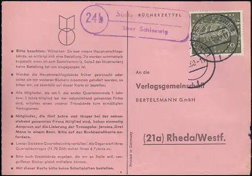 Landpost-Stempel Süderfahrenstedt über SCHLESWIG 3.11.1960 an Bertelsmann-Verlag