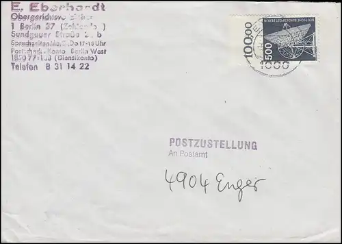 507 IuT 500 Pfennig mit Oberrand aus Postzustellungsauftrag mit BERLIN-Stempel