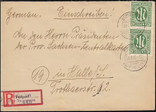 31 AM-Post 42 Pf MeF R-Bf Not-R-Zettel Feldpost SCHOLEN über TWISTRINGEN 22.8.46