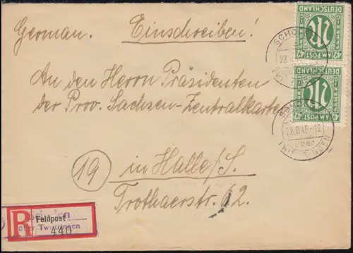 31 AM-Post 42 Pf MeF R-Bf Not-R-Zettel Feldpost SCHOLEN über TWISTRINGEN 22.8.46