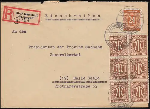 6 AM-Post 10 Pf. mit 925 Kontrollrat MiF R-Brief OBERRAMSTADT / DARMSTADT 6.6.46