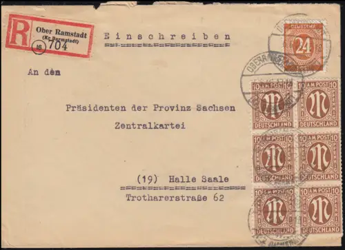 6 AM-Post 10 Pf. mit 925 Kontrollrat MiF R-Brief OBERRAMSTADT / DARMSTADT 6.6.46