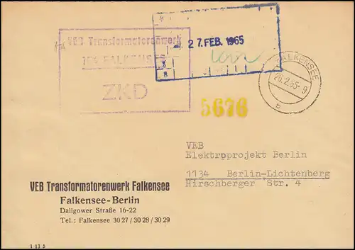 ZKD-Brief VEB Transformatorenwerk FALKENSEE 26.2.65 an Elektroprojekt in Berlin