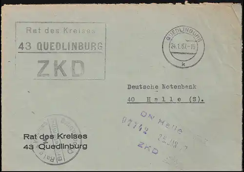Lettre du ZKD Conseil du Cercle de Quedlinburg 24.1.67 à Deutsche Notenbank in Halle/S.