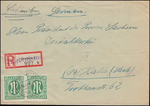 31 AM-Post 42 Pf. MeF R-Brief Not-R-Zettel NORDENHAM 8.6.1946 nach HALLE/SAALE