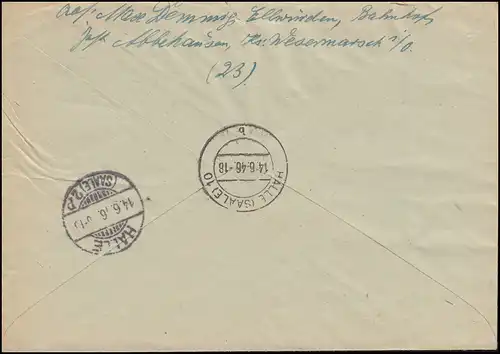 31 AM-Post 42 Pf. MeF R-Brief Not-R-Zettel NORDENHAM 8.6.1946 nach HALLE/SAALE