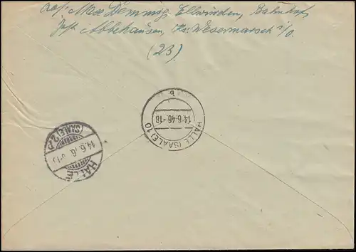 31 AM Post 42 Pf. MeF R-Lettre Not-R-Zertel NORDENHAM 8.6.1946 vers HALLE/SAALE