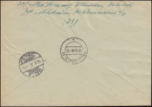31 AM Post 42 Pf. MeF R-Lettre Not-R-Zertel NORDENHAM 8.6.1946 vers HALLE/SAALE