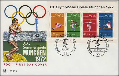 Block 8 Olympia-Sportarten 1972 auf Schmuck-FDC ESSt Bonn Diskuswerfen 18.8.72