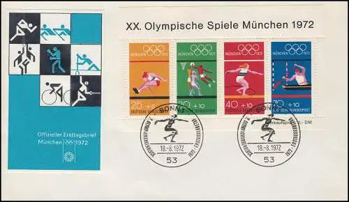 Block 8 Olympia-Sportarten 1972 auf Schmuck-FDC ESSt Bonn Diskuswerfen 18.8.72