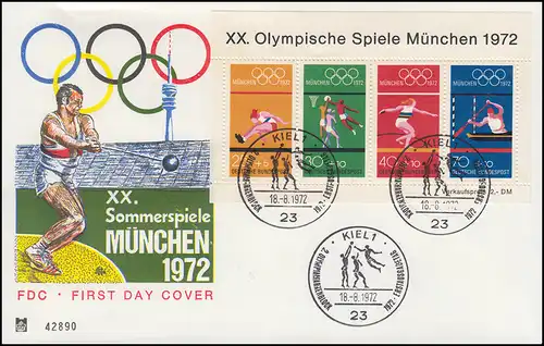 Block 8 Olympia-Sportarten 1972 auf Schmuck-FDC ESSt Kiel Handball 18.8.72