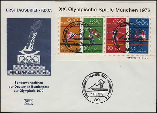 Block 8 Olympia-Sportarten 1972 auf Schmuck-FDC ESSt Augsburg Kajakfahren 1972
