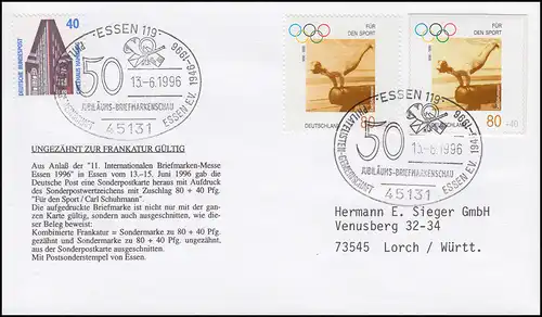 1861 Sporthilfe GA-Ausschnitt aus PSo 42 MiF Schmuck-FDC ESSt ESSEN 13.6.1996