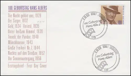 1561 Acteurs Hans Albers sur Bijoux-FDC ESSt BONN 12.9.1991