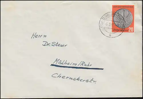 291IV Deutsche Mark mit PLF IV Punkt rechts vom Kopf, Brief DÜSSELDORF 6.8.1958