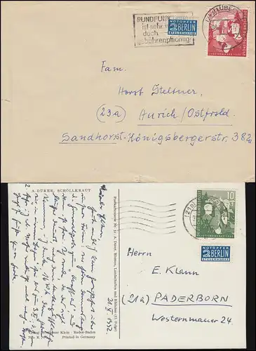 153-154 Jeunesse 1952 EF sur carte postale DETMOLD 21.10.52 et lettre LÜBECK 8.12.52