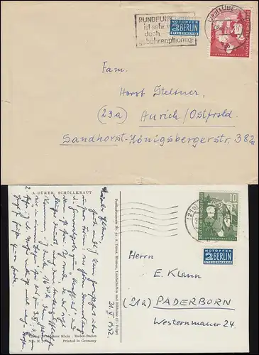 153-154 Jugend 1952 EF auf Postkarte DETMOLD 21.10.52 und Brief LÜBECK 8.12.52