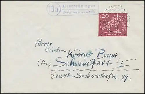 Le temple de la poste de Landpost Altentrudingen sur GUNZENHAUSEN sur lettre vers 1960