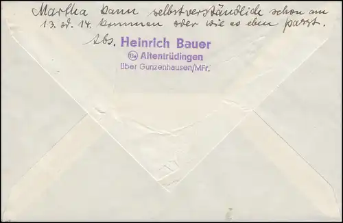 Le temple de la poste de Landpost Altentrudingen sur GUNZENHAUSEN sur lettre vers 1960