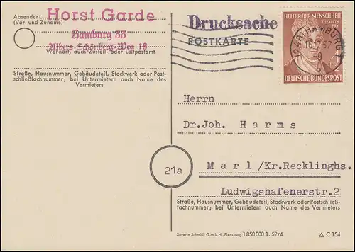 156 Wofa Elisabeth Fry EF dossier d'impression conforme au porto HAMBURG 16.12.1952 vers Marl