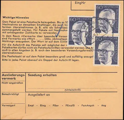 690 Heinemann 60 Pfennig als MeF auf Paketkarte WALD 20.9.1971 nach München