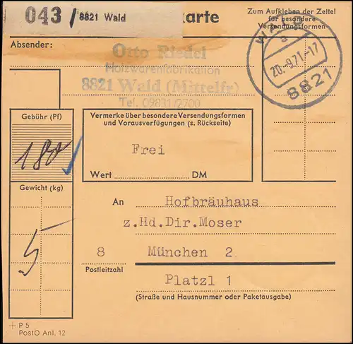 690 Heinemann 60 Pfennig als MeF auf Paketkarte WALD 20.9.1971 nach München