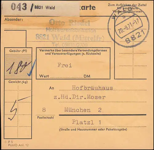 690 Heinemann 60 Pfennig en MeF sur carte de paquet WALD 20.9.1971 à Munich
