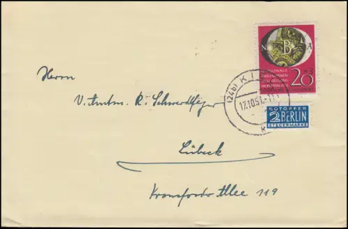 142 NBA Wuppertal 20 Pfennig als EFmit Notopfer auf Fernbrief KIEL 17.10.1951