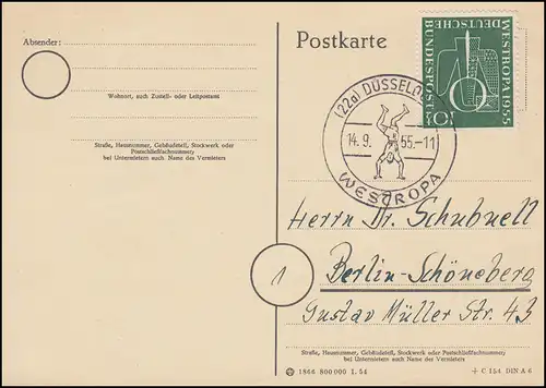 217 Ausstellung WESTROPA 10 Pf. als EF auf Postkarte ESSt DÜSSELDORF 14.9.1955