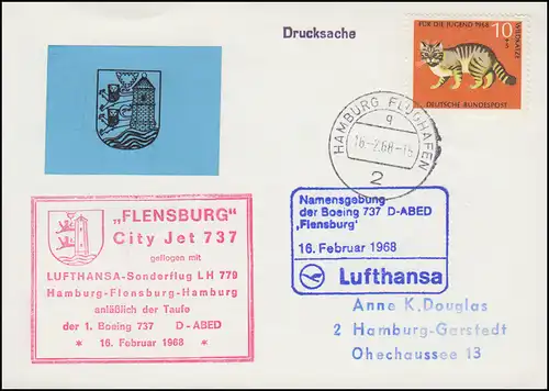 Lufthansa-Sonderflug LH 779 Namensgebung "Flensburg" für Boeing 737 am 16.2.1968