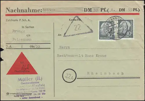 259 Heuss 30 Pf als MeF Nachnahme-Brief Gerichtsvollzieher HANNOVER 13.4.1959 